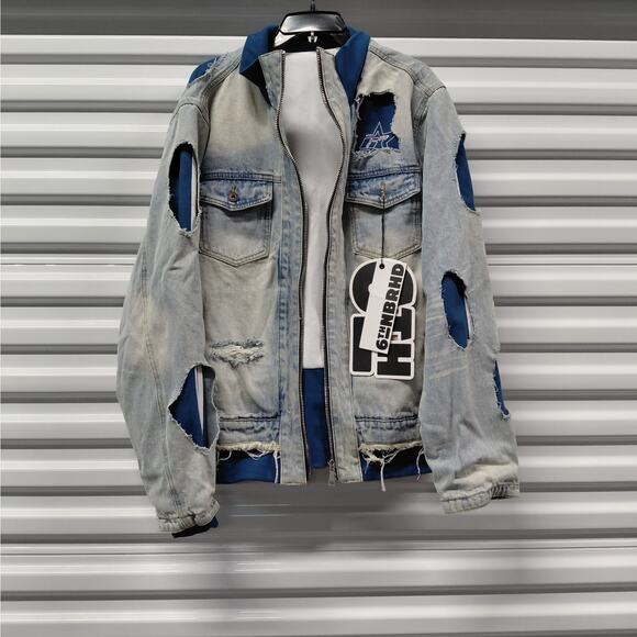 6th NBRHD Stripes Men’s Light Wash Distressed Denim Jacket XL Streetwear Y2K - Picture 4 of 13